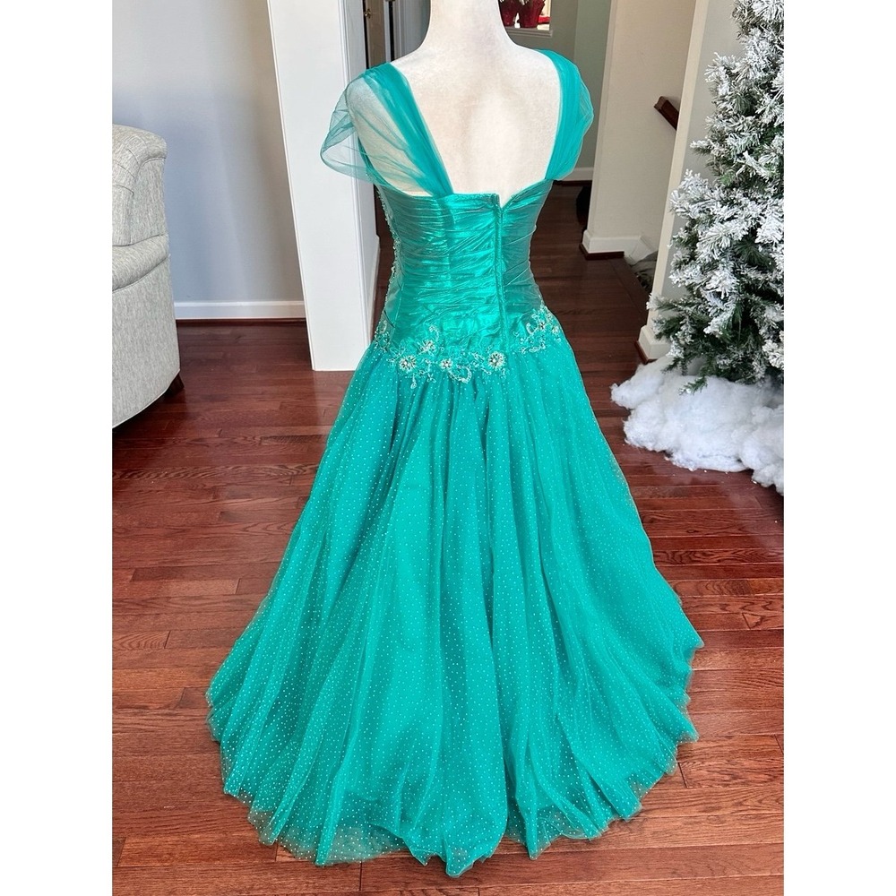 Vintage Luxury Alyce Designs Teal Green Glitter Puffy Tulle Princess Gown Dress - Picture 7 of 12
